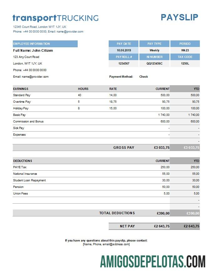 Em branco Modelo de folha de pagamento de empresa de transporte em formatos Excel e PDF